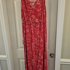 Old Navy Red Floral Midi Dress with White Leaf Print